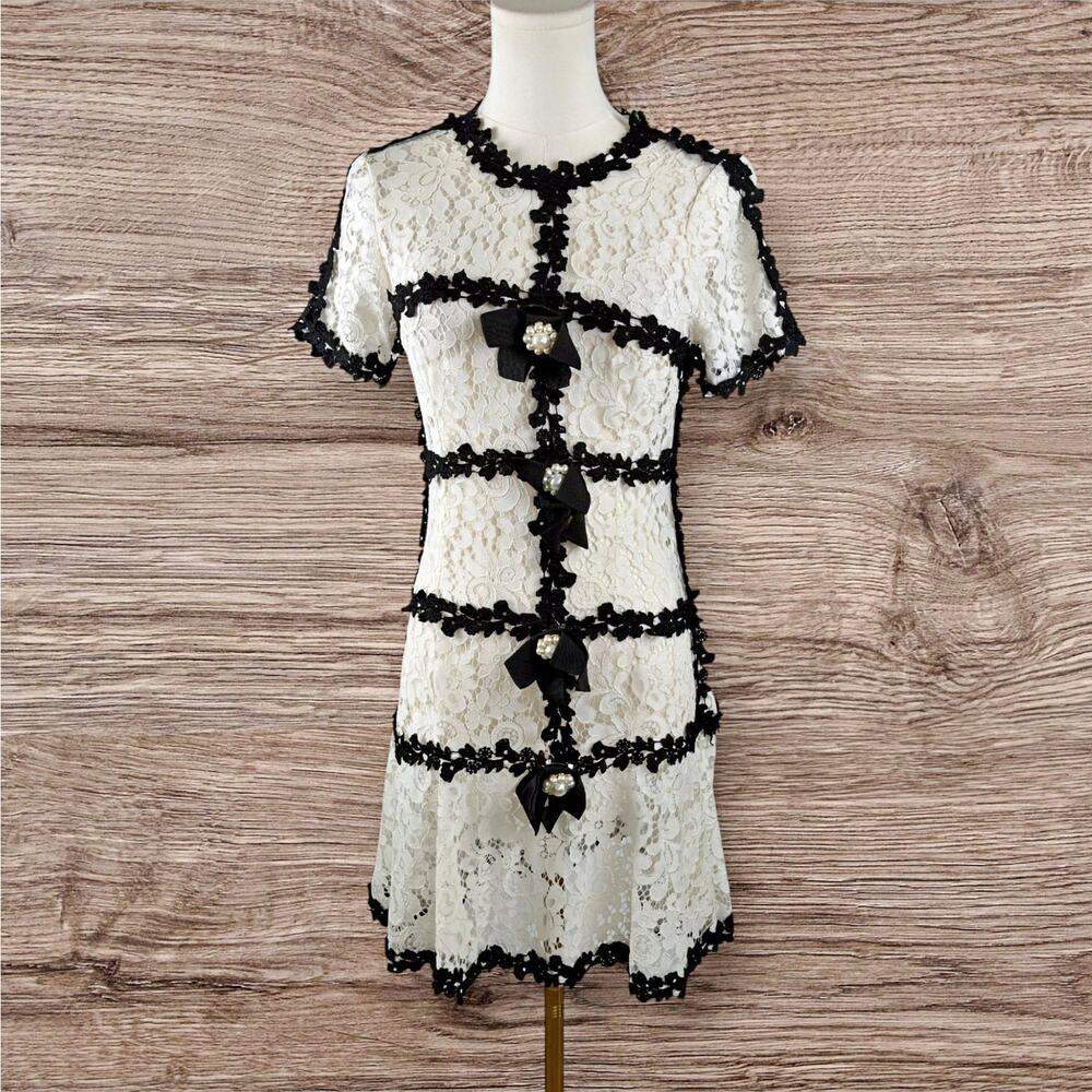 Son Yoon Joo Black White Lace Bows Fitted Pencil Sheer Unlined Dress Coquette - Picture 2 of 8